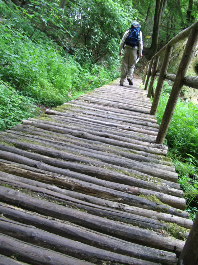 "Crossing a bridge on an adventure for beginners hiking trail in Saarland Germany"
