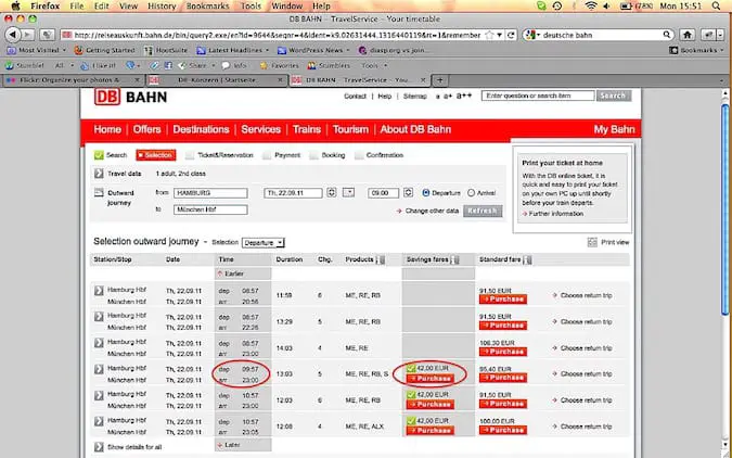 "Choice of trains available and ticket price in the DB ticketing portal for finding cheapest train tickets in Germany any time"