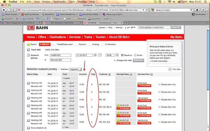 "Indication of travel duration and number of train changes when ordering cheapest train tickets in Germany online"