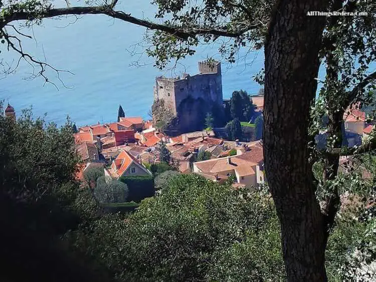 "Roquebrune Village from the trail hiking the French Riviera mountains"