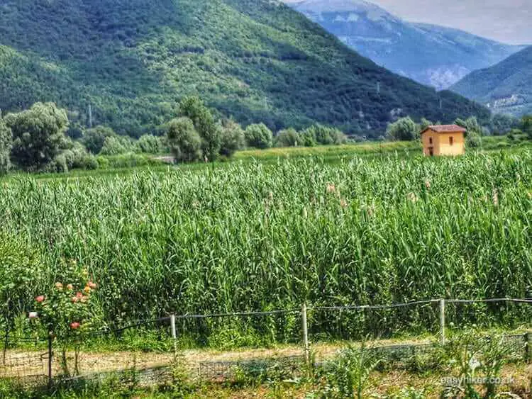 "view of the peaks of Abruzzi through train window"