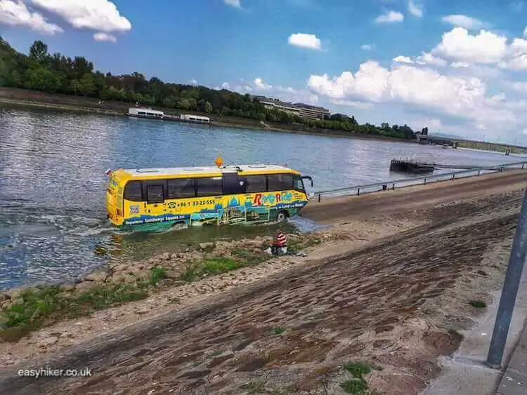 "amphibian tourist bus on the Danube in Budapest"