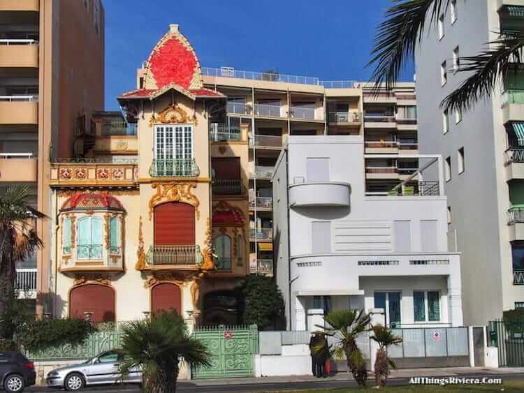"architectural diversity along the walk on Promenade des Anglais from where it starts"